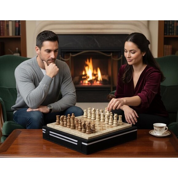 Handmade Marble Chess Set Brown chess Board & Pieces storage box Christmas gift - Picture 5 of 16